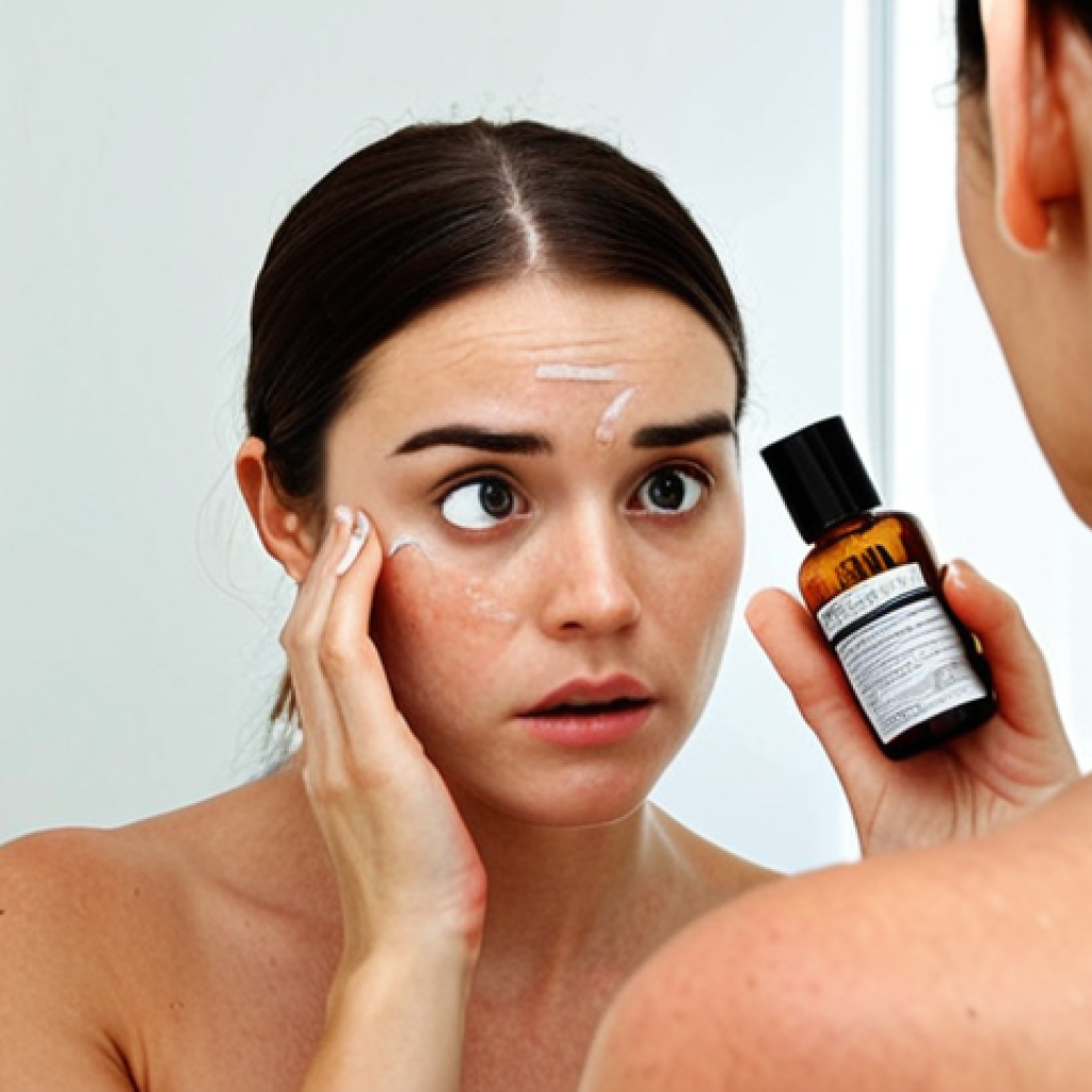 Unveiling Your Skin & Deciphering Labels**
A person, initially looking slightly overwhelmed but determined, examining their reflection closely in a mirror, their face visibly showing a combination of dry patches and an oily T-zone. In the foreground, their hand holds a skincare product, with a clear 'Vegan' label on the packaging, but their focus is intently on the small-print ingredient list, perhaps using a magnifying glass. The setting is a bright, modern bathroom with various skincare bottles, some appearing 'viral' or popular.

**