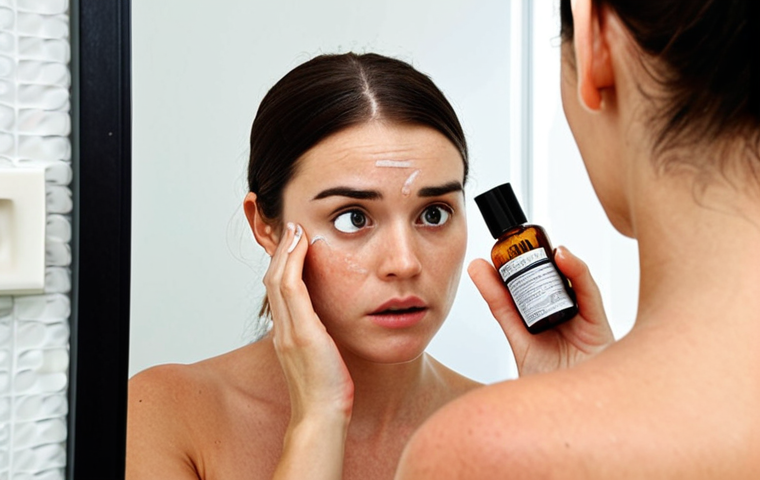 Unveiling Your Skin & Deciphering Labels**
A person, initially looking slightly overwhelmed but determined, examining their reflection closely in a mirror, their face visibly showing a combination of dry patches and an oily T-zone. In the foreground, their hand holds a skincare product, with a clear 'Vegan' label on the packaging, but their focus is intently on the small-print ingredient list, perhaps using a magnifying glass. The setting is a bright, modern bathroom with various skincare bottles, some appearing 'viral' or popular.

**