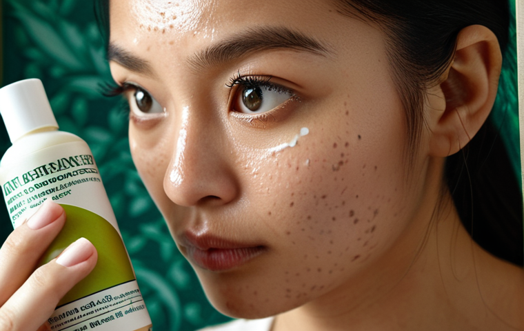 **

Close-up shot of a woman meticulously reading the ingredient list on a vegan face moisturizer, looking concerned. Focus on her expressive eyes and the small print on the packaging. Subtle Malaysian-inspired patterns in the background.

**